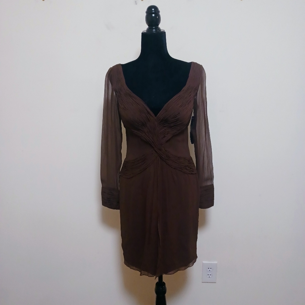 HAYASHI Silk Ruched Brown Dress Sz 8 NWT